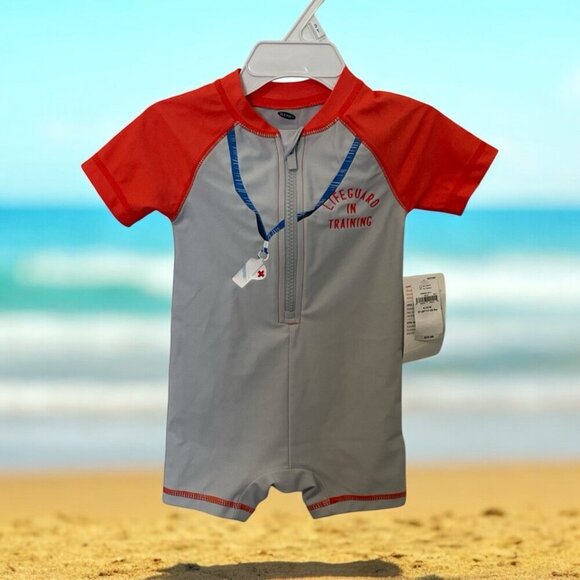 Old Navy Baby Romper Lifeguard In Training Swimsuit Size 6-12M Multicolor - Picture 1 of 13